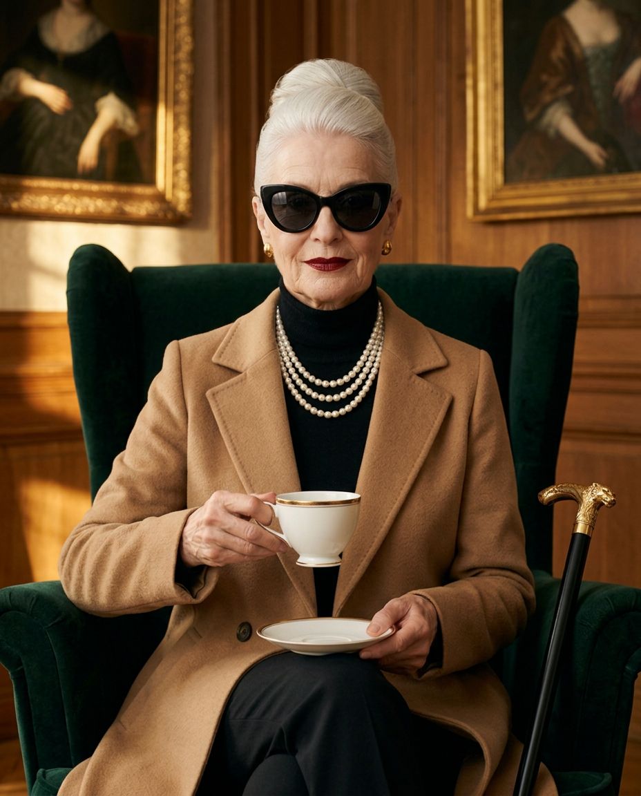 Frau Gold im Salon, Teetasse in der Hand, schwarze Sonnenbrille und Perlenkette