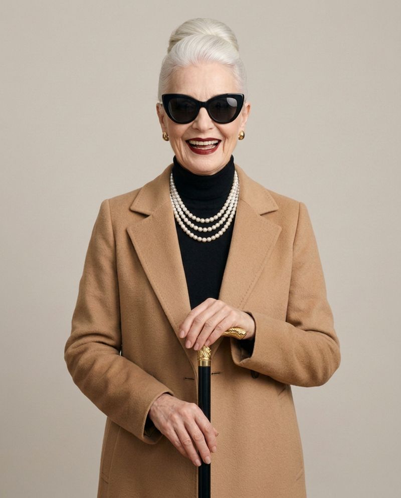 Frau Gold lachend, mit Sonnenbrille, Perlenkette und Stock