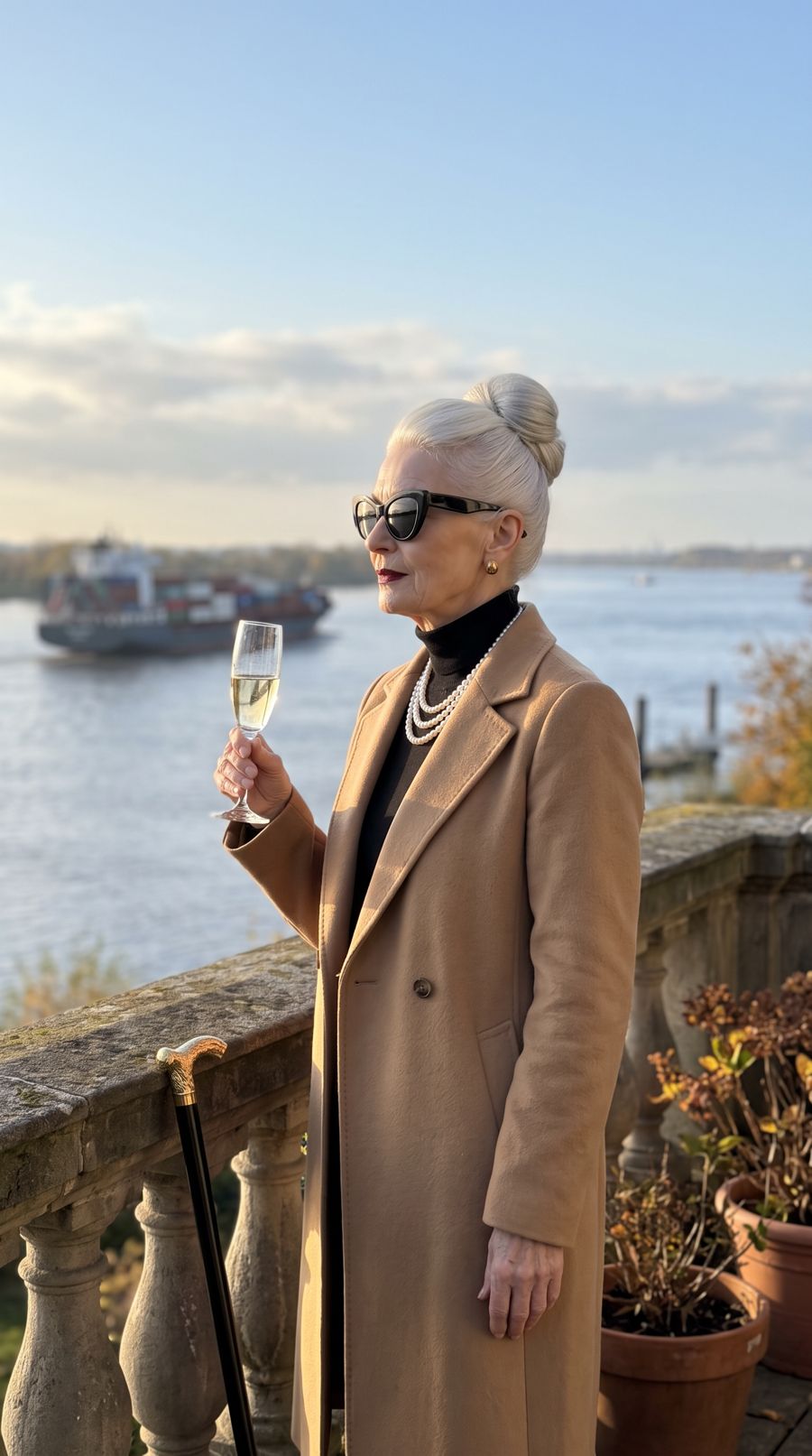 Frau Gold auf einer Terrasse an der Elbe mit einem Glas Champagner